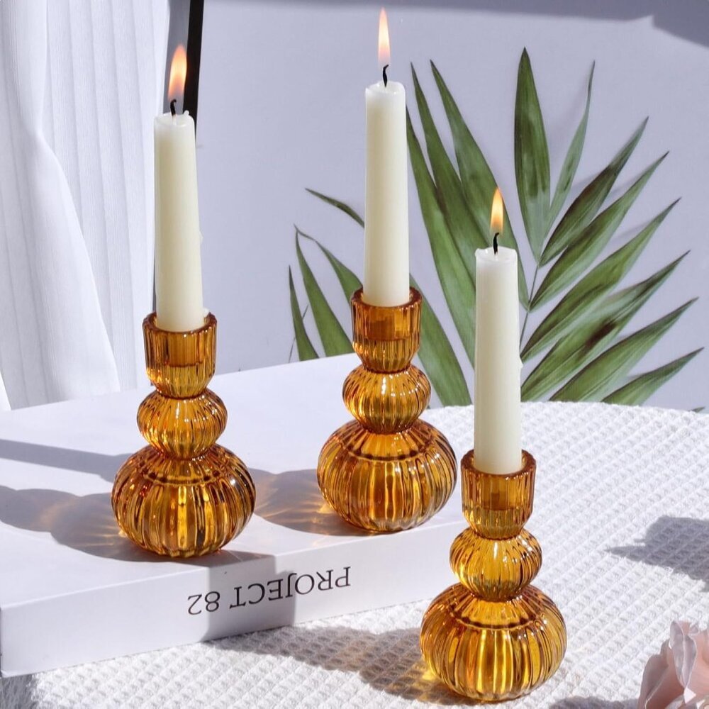 Amber Taper Candle Holders 4.3" H for Halloween/Thanksgiving Decorations, Set of